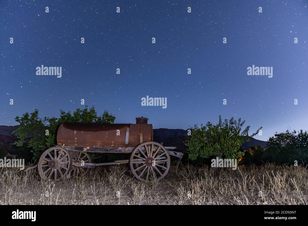 Ancien wagon-citerne illuminé par la lumière de nuit des étoiles dans le ciel sombre sur le verger d'arbre. Banque D'Images