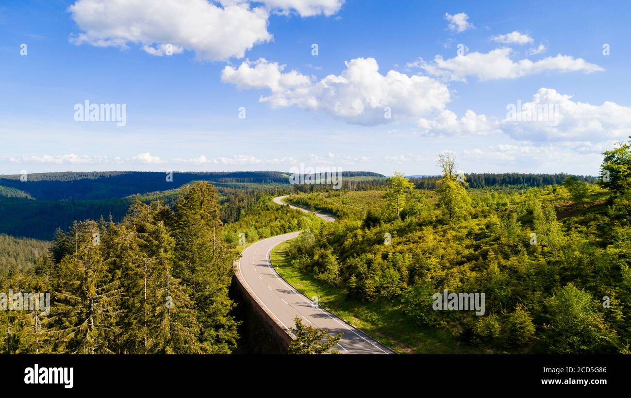 Vue sur la route entre les forêts et les collines Banque D'Images