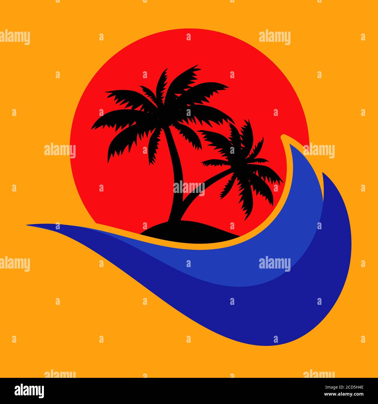 Concept d'été illustration minimaliste avec des vagues rouges de bleu soleil et silhouettes de palmiers sur fond orange Banque D'Images