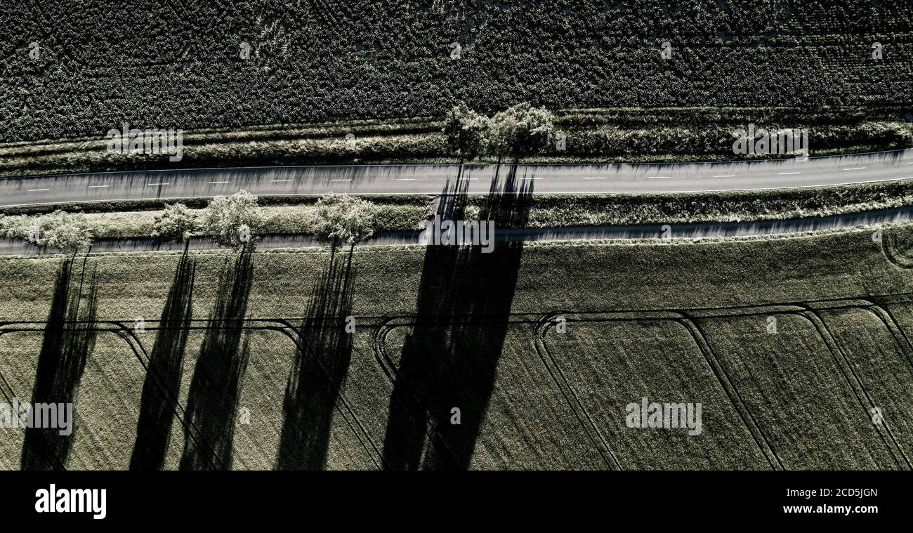 Vue aérienne de la route à travers le paysage rural en noir et blanc Banque D'Images