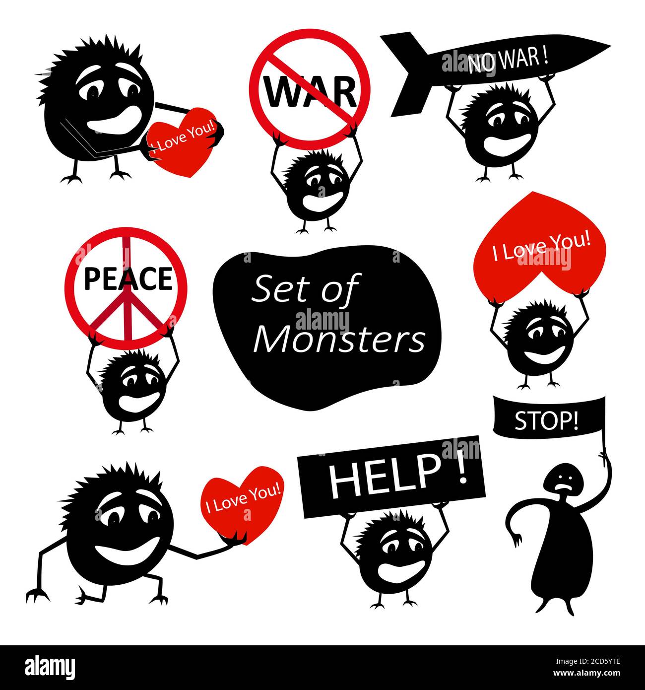 Ensemble de drôle de silhouette mignonne démonstrateurs créatures avec des slogans et l'appel à l'action. Critères isolés dessinés à la main. Tous les monstres sont regroupés. Banque D'Images