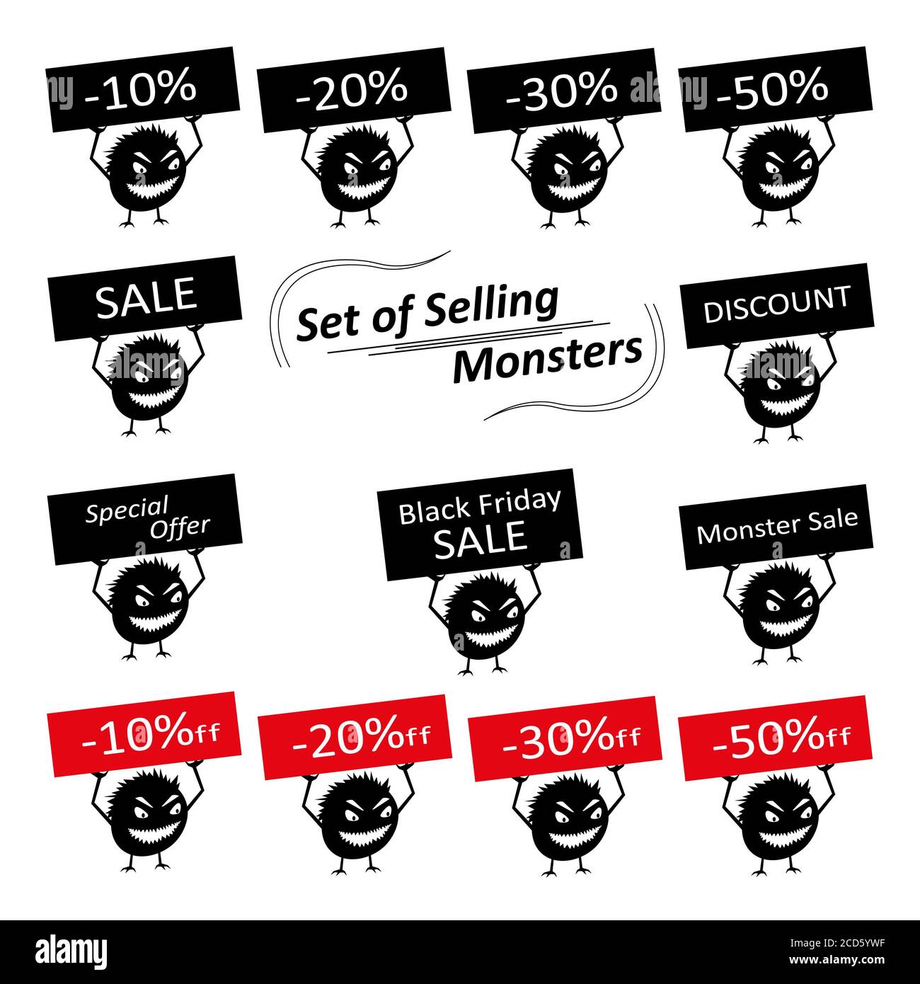 Ensemble de créatures de silhouette mignonnes avec des affiches de réduction pour le magasin. Critères isolés dessinés à la main. Tous les monstres sont regroupés. Banque D'Images