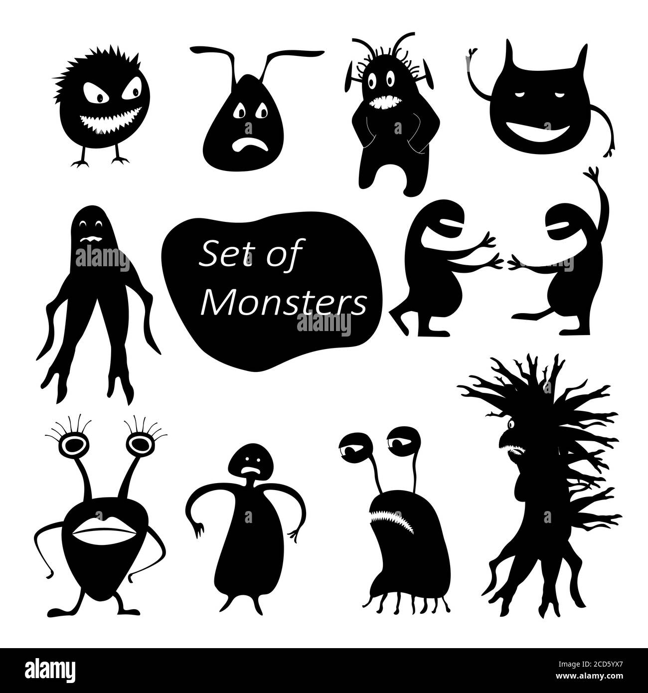 Ensemble de créatures de silhouette mignonnes et drôles. Critères isolés dessinés à la main. Motif imprimé sur les tee-shirts. Tous les monstres sont regroupés. Banque D'Images