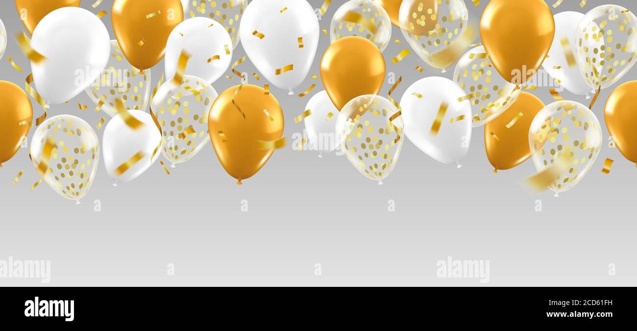 Bannière de bulles réaliste. Or ballon paillettes affiche anniversaire  fête, ballons hélium, confetti et rubans carte de voeux illustration  vectorielle Image Vectorielle Stock - Alamy