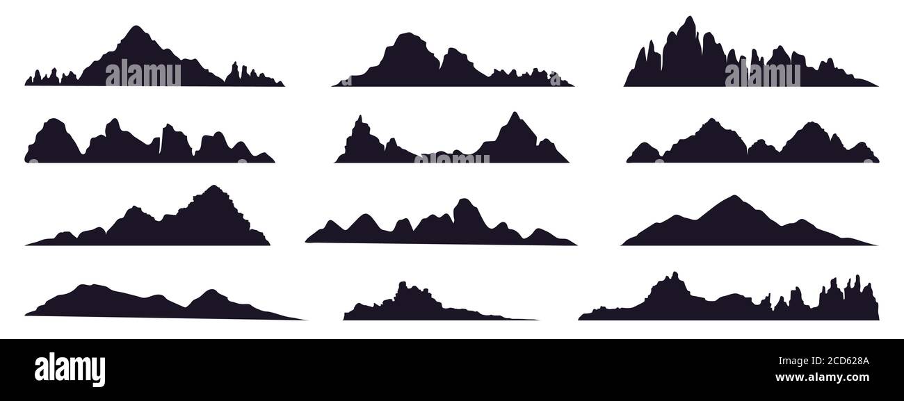 Silhouette de montagne. Sommet de montagne, sommets de collines, silhouette de berg et de vallée de montagne, Tibet ou Alpes montagnes esquisse scénario ensemble Illustration de Vecteur