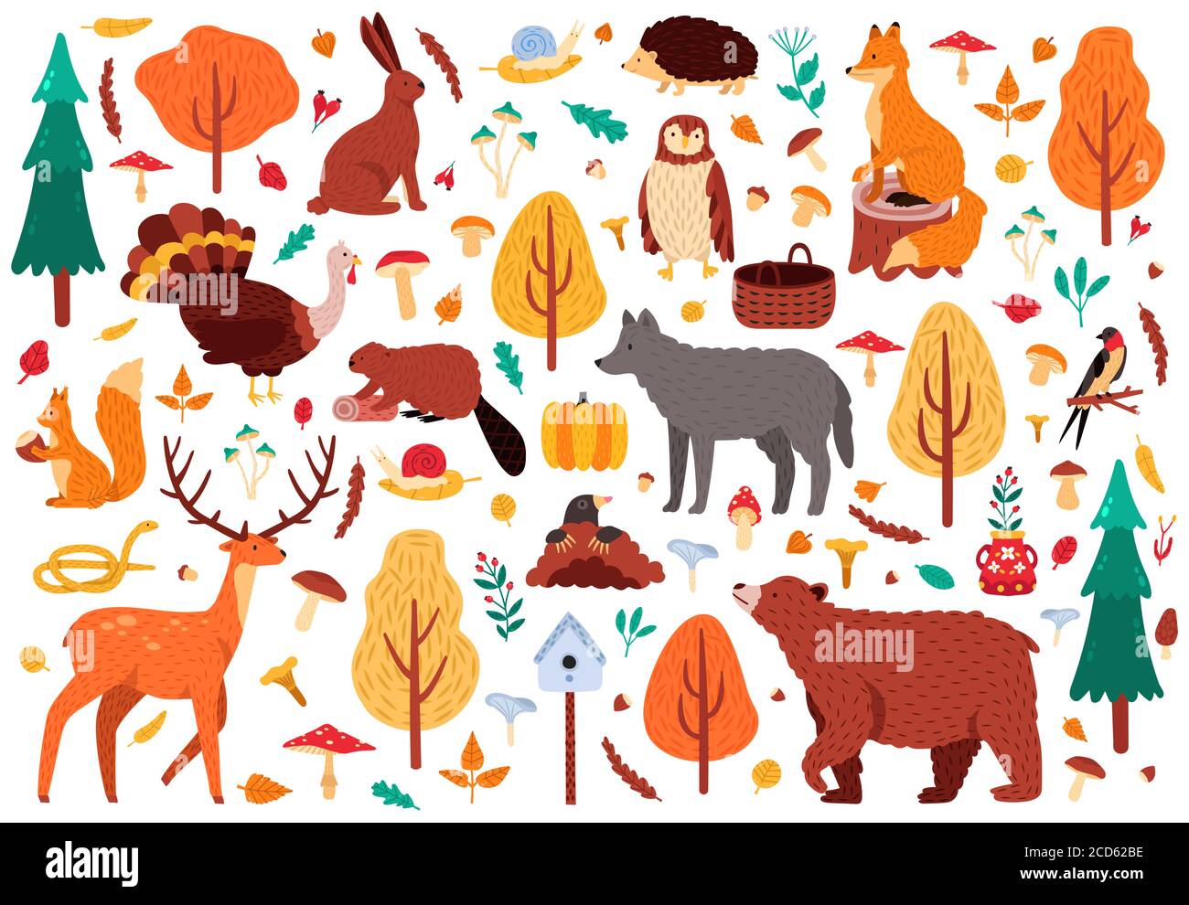 Automne animaux mignons. Personnages de renard et de cerf à raton laveur sauvage, oiseaux des bois et animaux ensemble d'icônes d'illustration vectorielle isolées Illustration de Vecteur