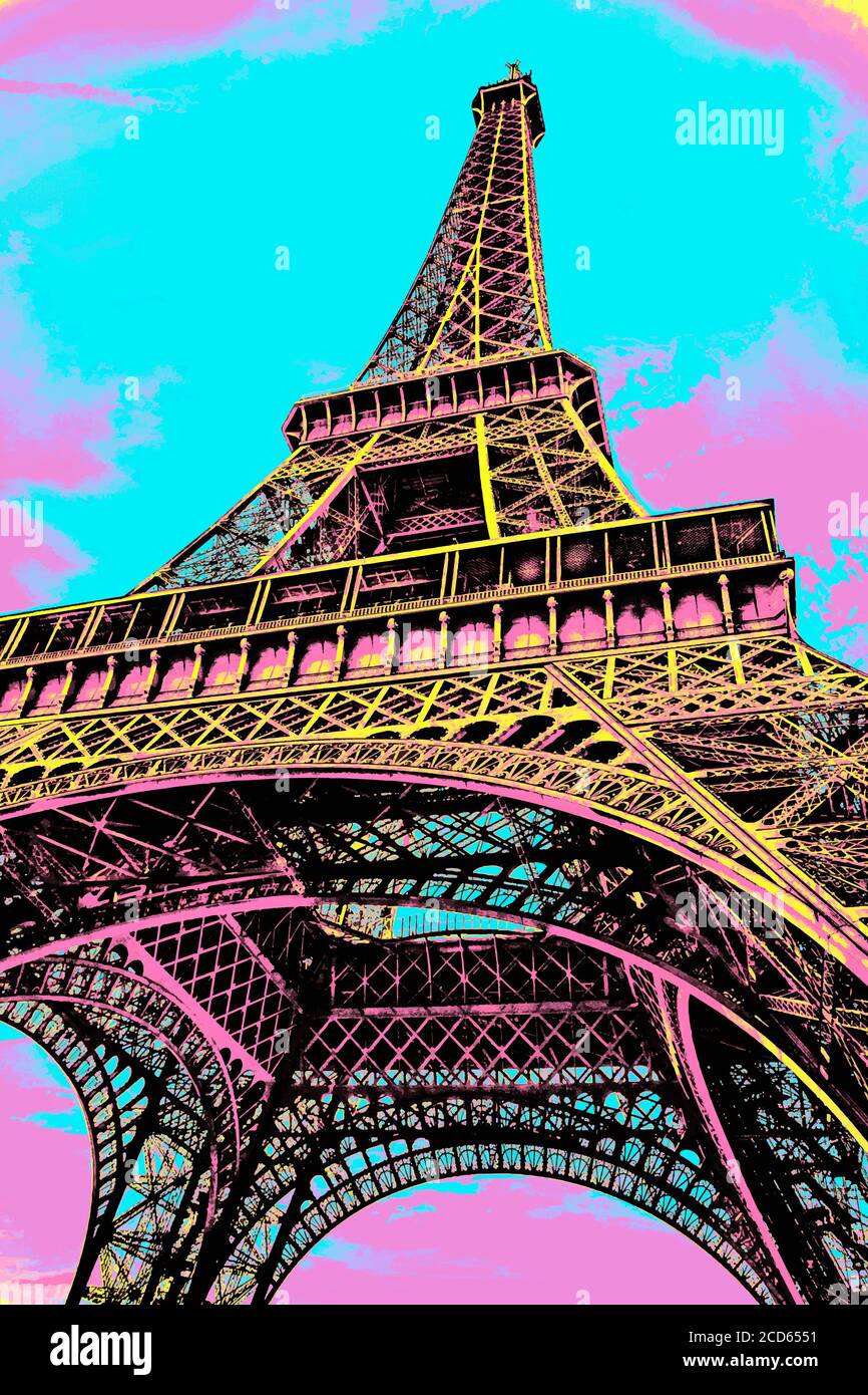 Vue de dessous de la Tour Eiffel en fer de style Art nouveau à Paris. La capitale française connue sous le nom de ville lumière. Filtre Poster Blacklight. Banque D'Images