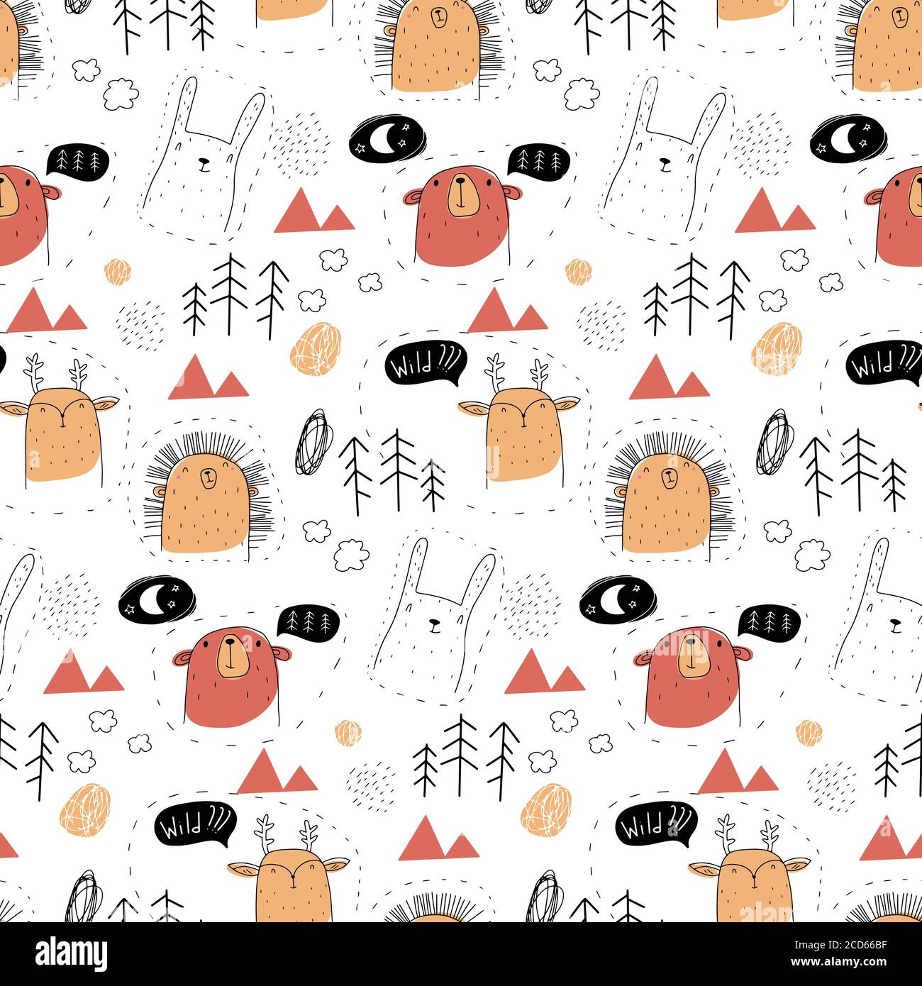 Joli Motif Animal De La Foret Sans Coutures Ours Cerf Herisson Lievre Fond De Dessin Anime Scandinave Pour Bebe Design Pour Tissu Textile Decor Illustration Du Vecteur Doodle Image Vectorielle Stock
