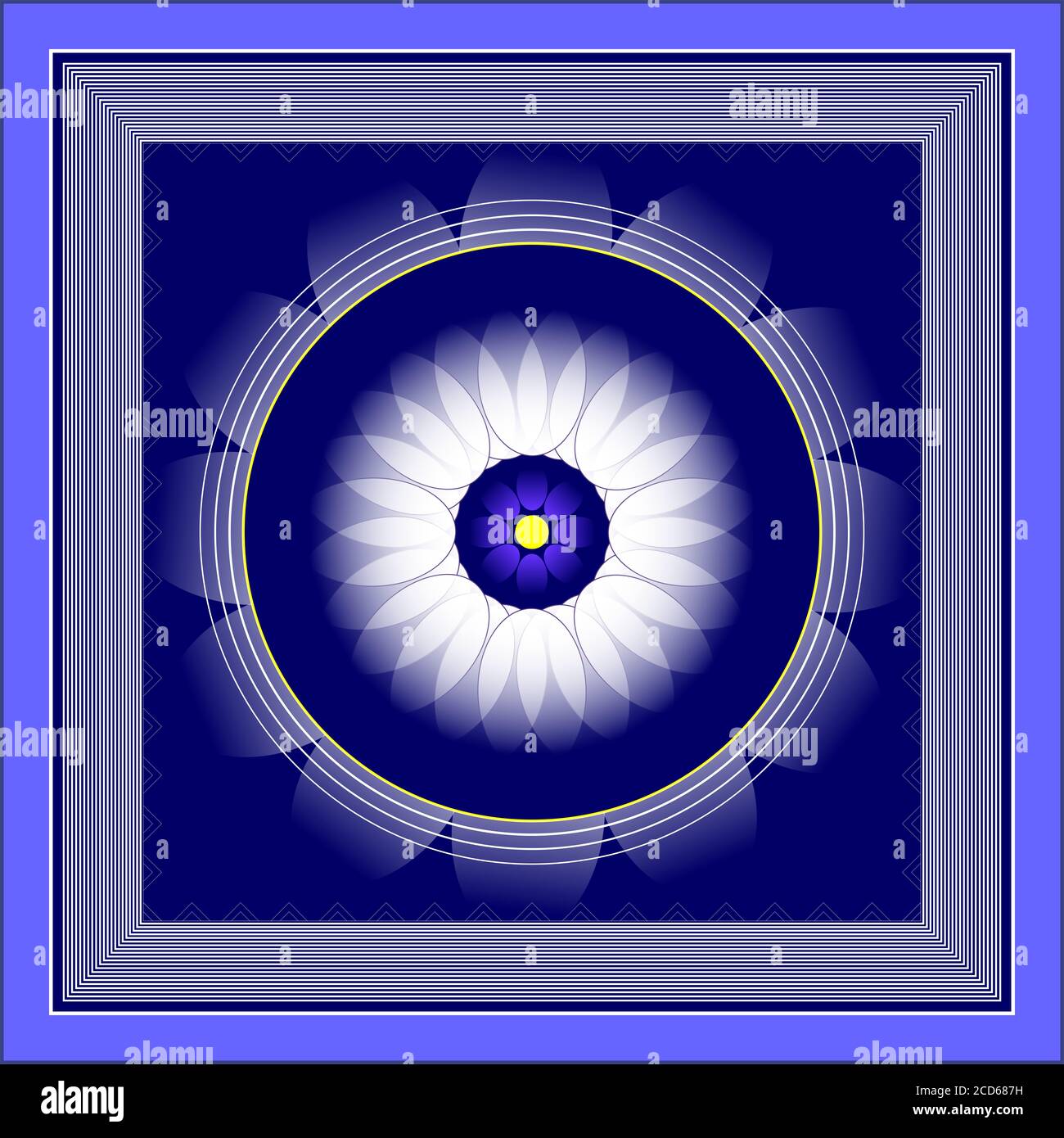 Mandala blanc pur abstrait avec bordures blanches de protection multi-couches avec noyau jaune au centre sur fond bleu profond Banque D'Images