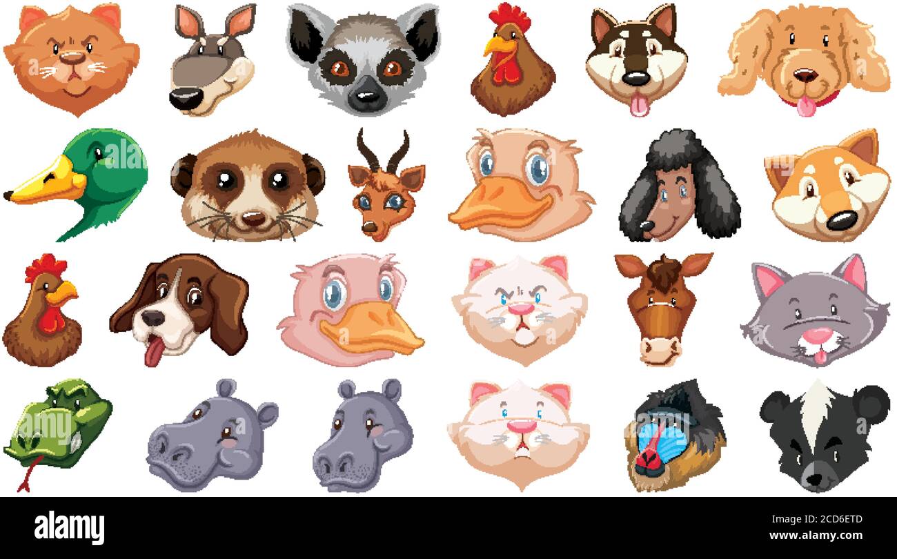 Ensemble de différents animaux de dessin animé mignon tête énorme isolé sur fond blanc illustration Illustration de Vecteur