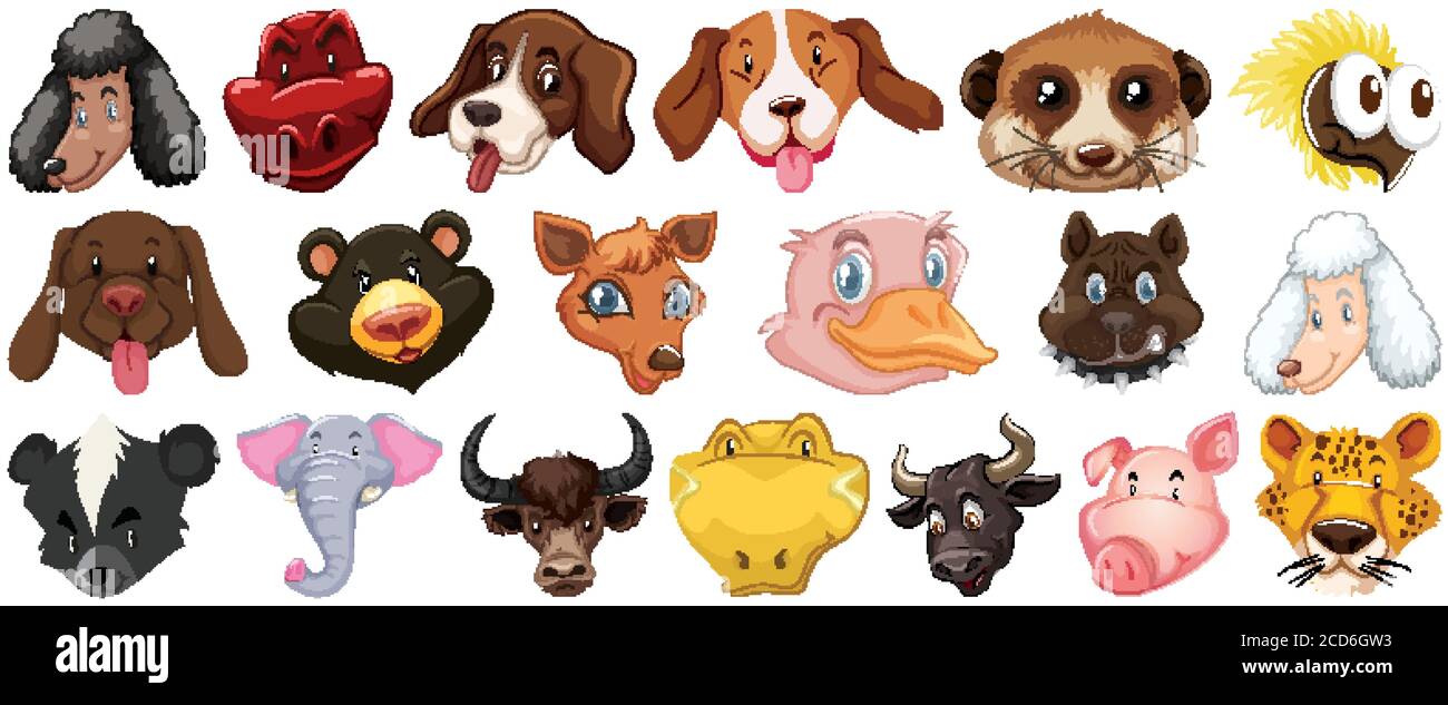 Ensemble de différents animaux de dessin animé mignon tête énorme isolé sur fond blanc illustration Illustration de Vecteur