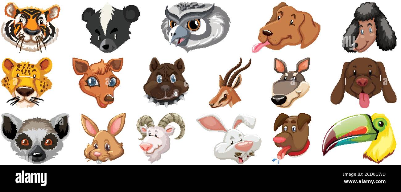 Ensemble de différents animaux de dessin animé mignon tête énorme isolé sur fond blanc illustration Illustration de Vecteur