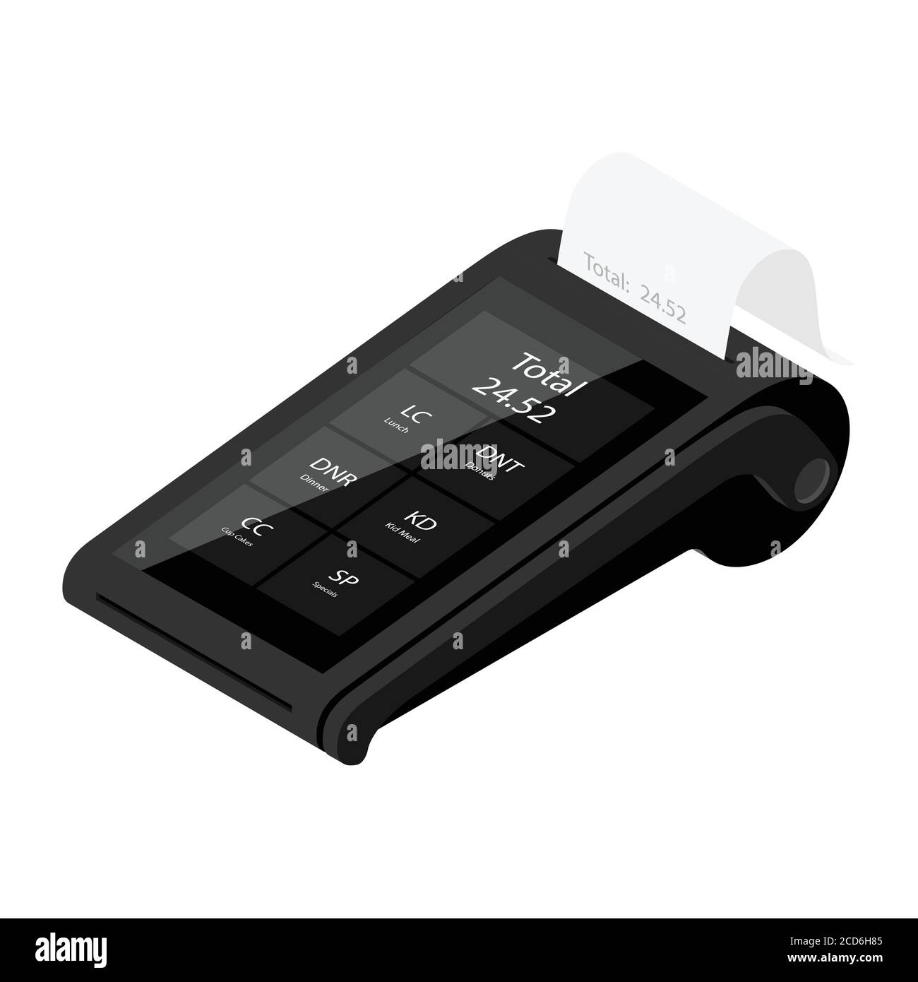 Nouveau terminal de paiement Smart POS avec carte bancaire isolée sur fond blanc. Terminal de paiement bancaire. Traitement du périphérique de paiement. Isométrique Illustration de Vecteur