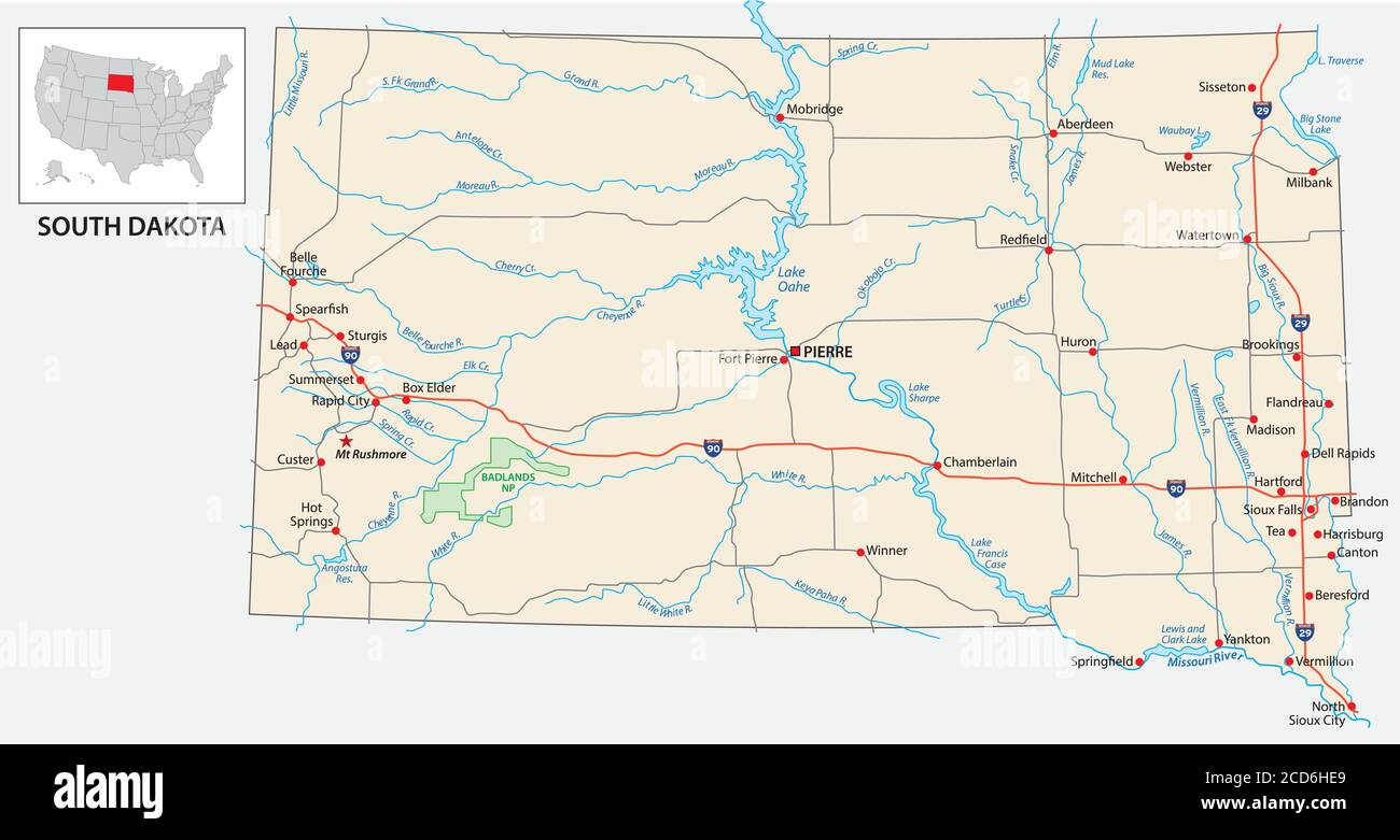 Carte routière de l'État américain du Dakota du Sud Illustration de Vecteur
