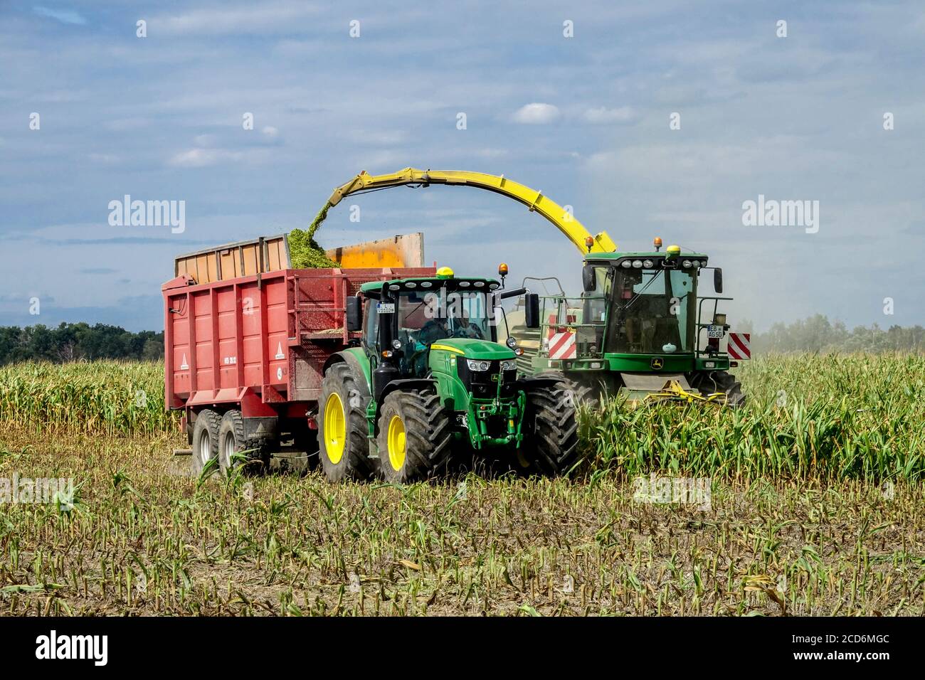 Récolte de maïs machines agricoles en Allemagne, moissonneuse-batteuse tracteur-remorque, récolte moissonneuse-batteuse à maïs Banque D'Images