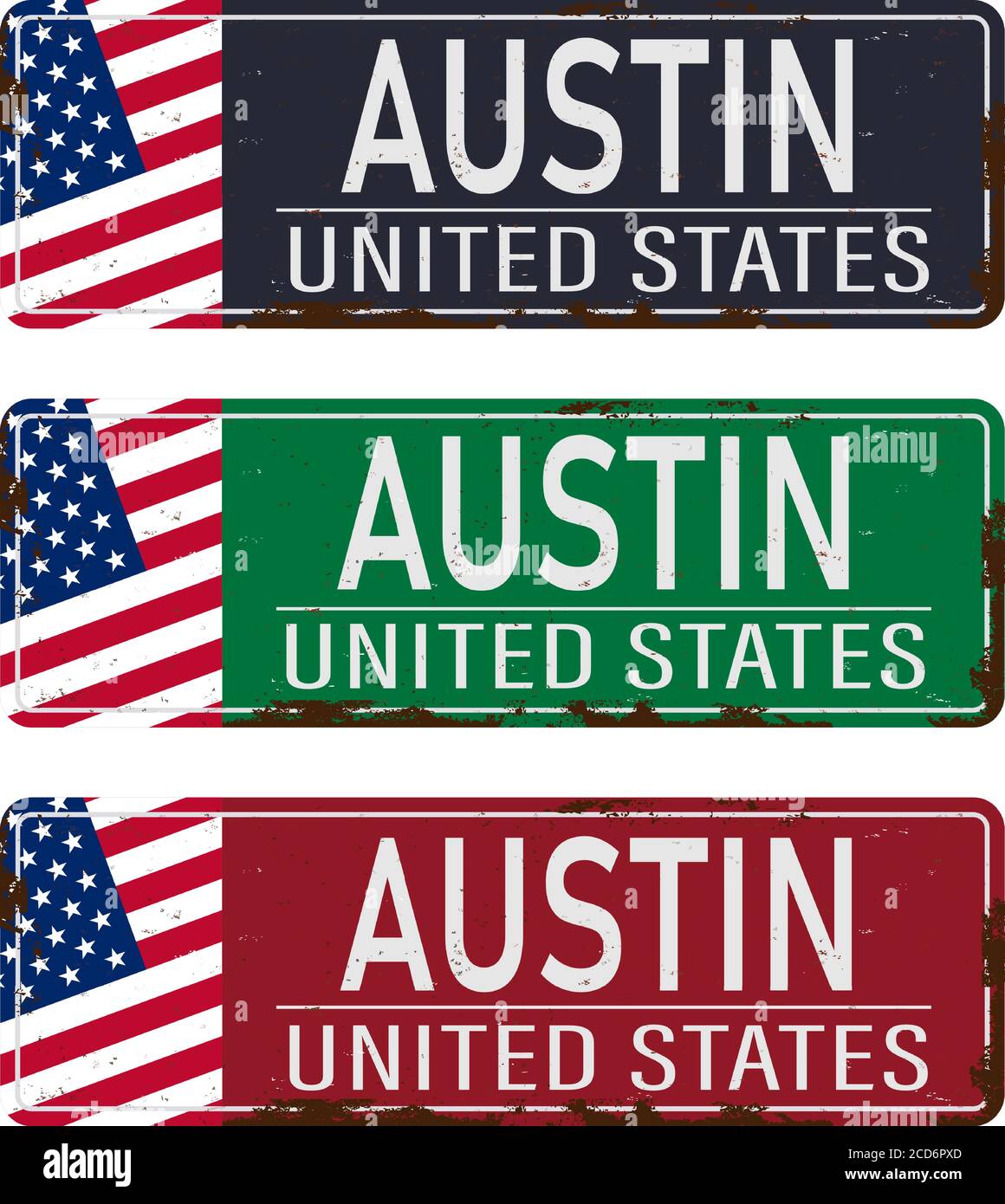 Collection de panneaux rétro en étain avec les noms de ville des États-Unis Austin. Panneau souvenir vectoriel vintage Illustration de Vecteur