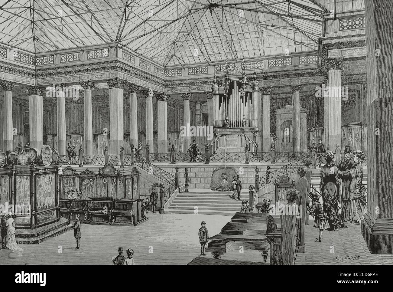 Italie, Milan. Exposition nationale à Milan 1881. Installation spéciale des sections « instruments de musique » et « costumes nationaux », au Pompeiian Hall. Gravure. La Ilustracion Española y Americana, 1881. Banque D'Images