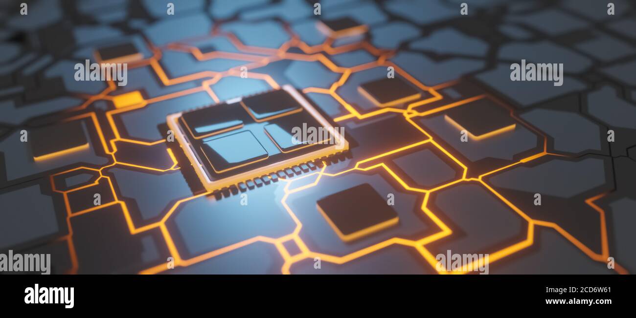 Expérience technologique, unité centrale de traitement sur carte de circuit imprimé avec connexions brillantes, concept futuriste de micro-processeur, rendu CGI 3D Banque D'Images