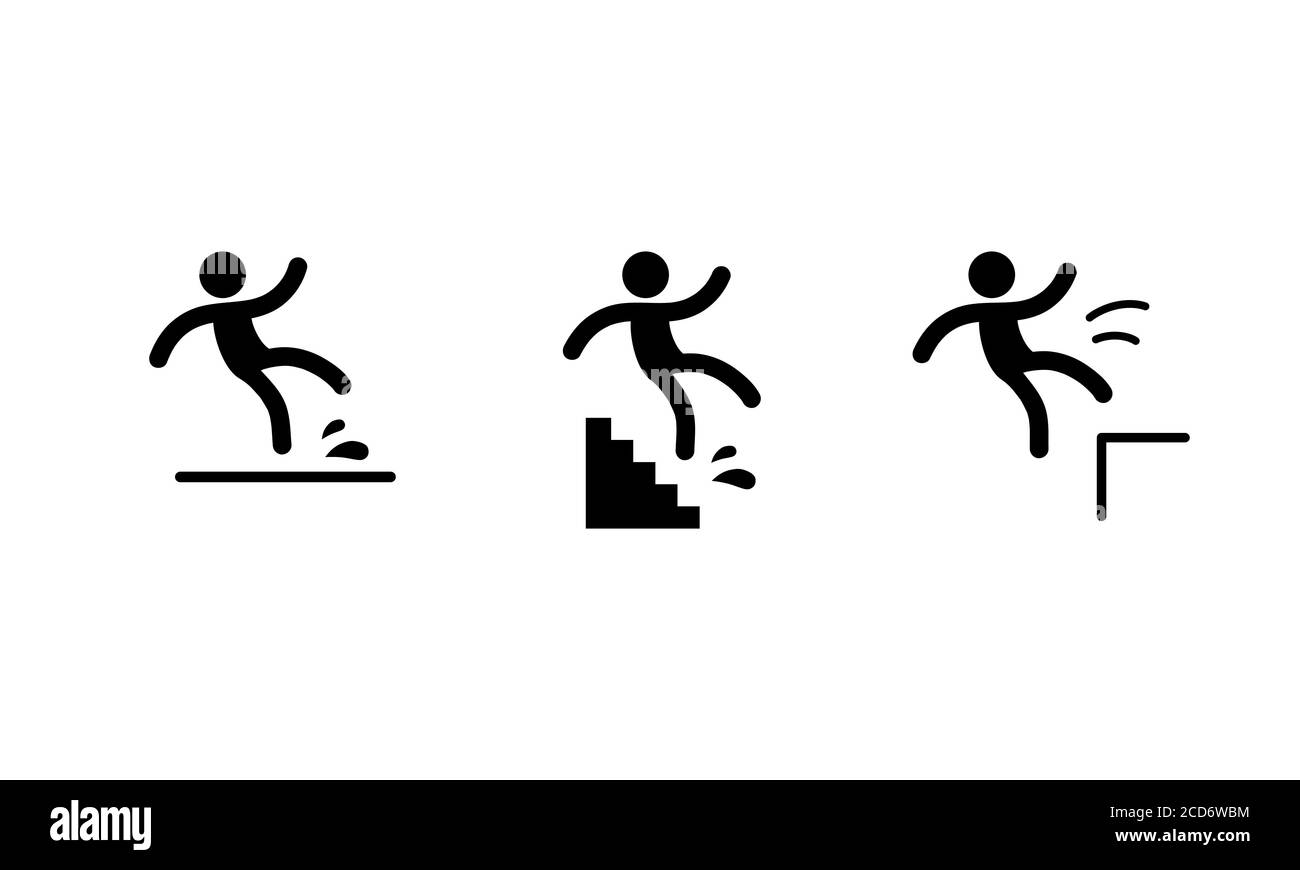Symboles de mise en garde avec le bâton figure homme tombant. Silhouette d'une personne qui tombe. Sol mouillé, égouttement dans les escaliers, chute de l'échelle et au-dessus du bord Illustration de Vecteur