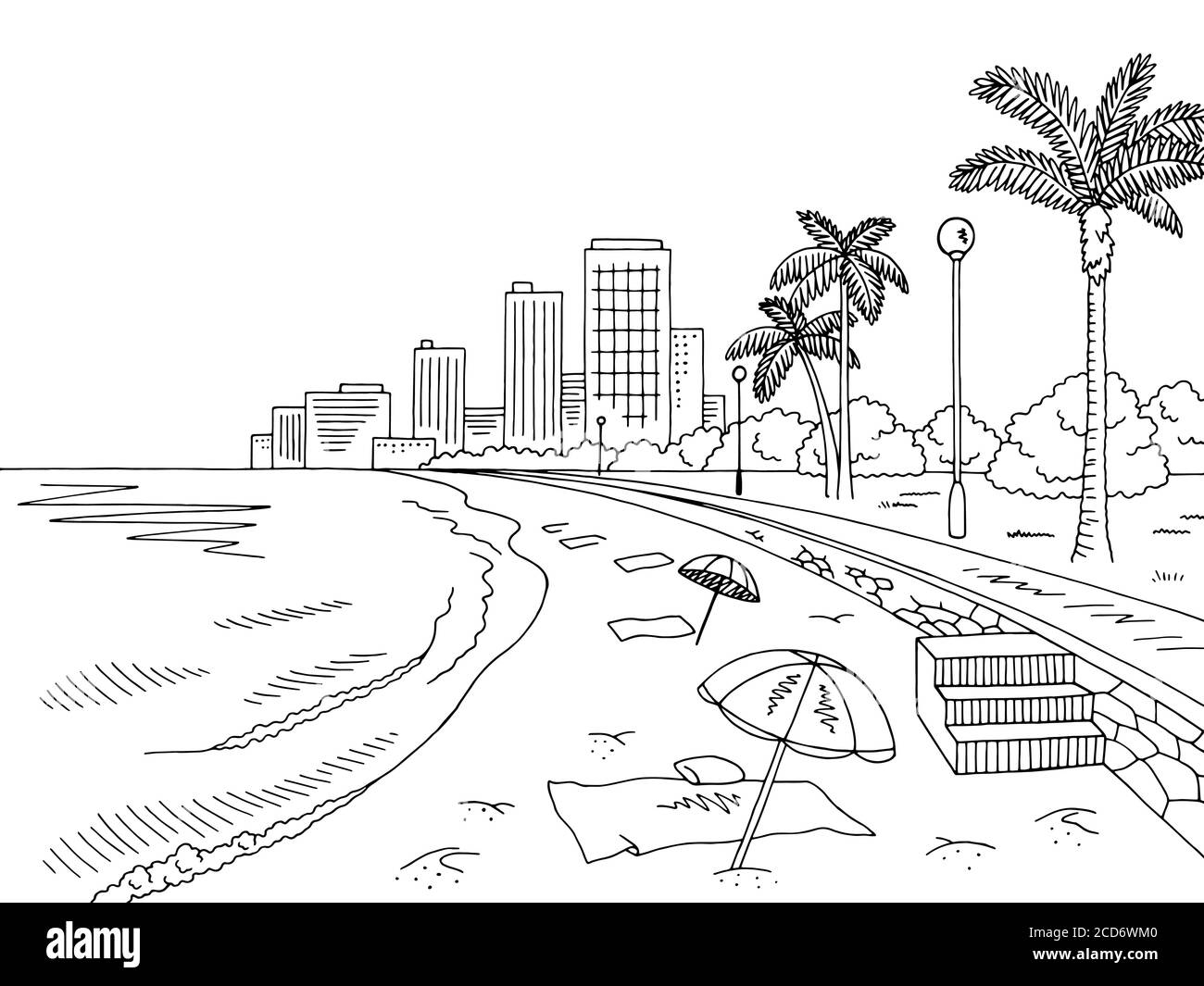 Ville plage graphique noir blanc ville paysage esquisse illustration vecteur Illustration de Vecteur