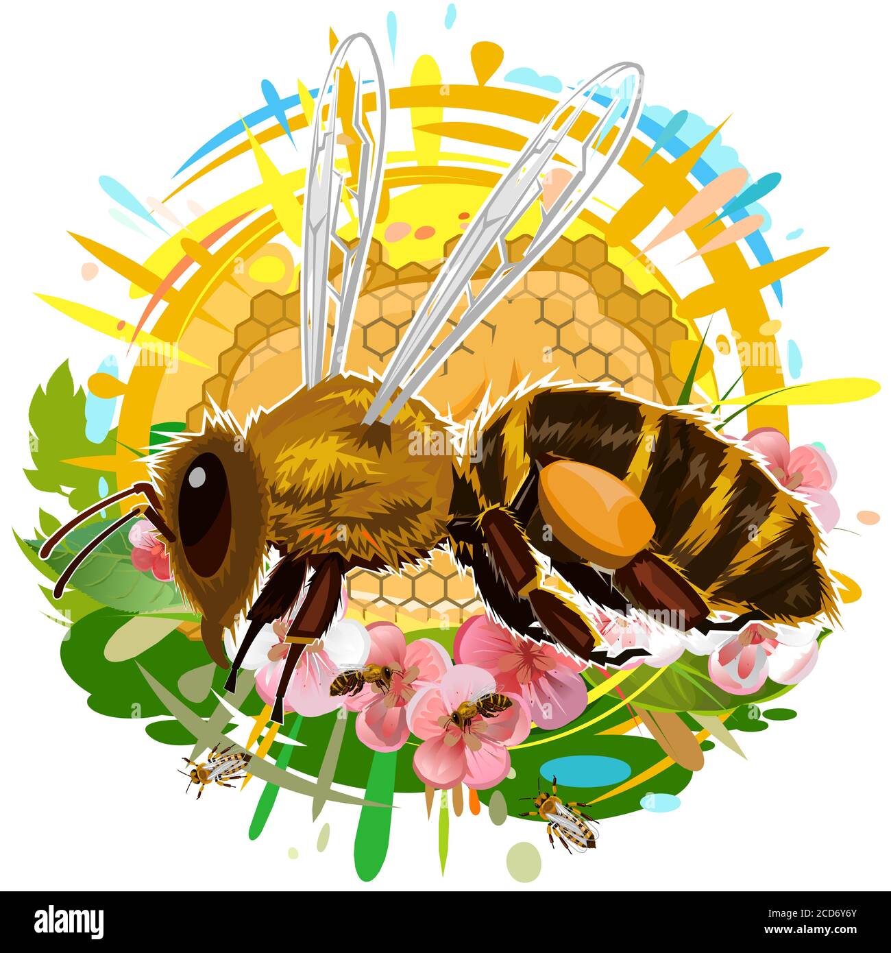 Une abeille vole et recueille le nectar des fleurs. Cire nid d'abeille avec stries de miel. Art. Vecteur isolé sur fond blanc. Abeilles à l'intérieur de la ruche. Sun an Illustration de Vecteur