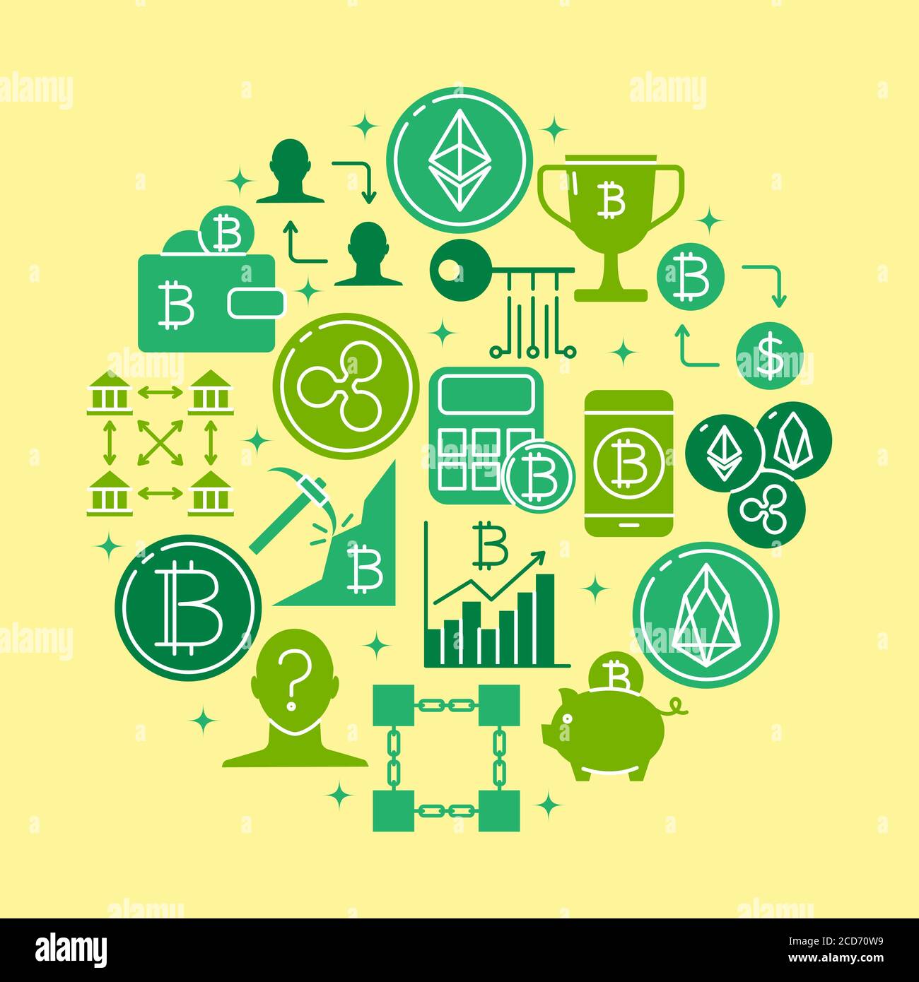 Bannière ronde à crypto-monnaie de style plat. Affiche de monnaie alternative avec des symboles bitcoin et pièces numériques. Illustration vectorielle. Illustration de Vecteur