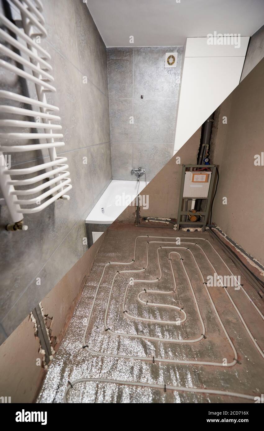 Comparaison de l'ancienne et de la nouvelle salle de bains avec des tuyaux de chauffage au sol et un porte-serviettes chauffant. Appartement moderne avant et après rénovation dans le format vertical. Concept de rénovation de la maison. Banque D'Images