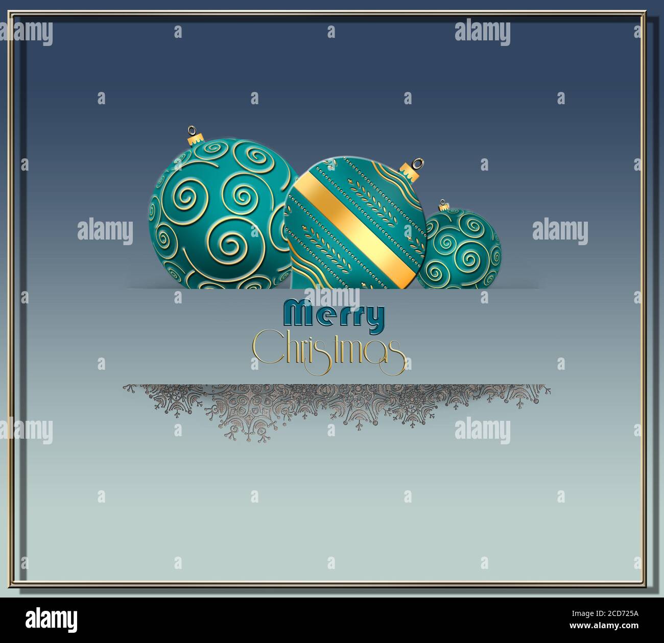 Magnifique carte de Noël 2021 du nouvel an avec boules bleu turquoise vert avec ornement or, bordure en flocons de neige sur fond bleu pastel. Texte Joyeux Noël. Illustration 3D Banque D'Images