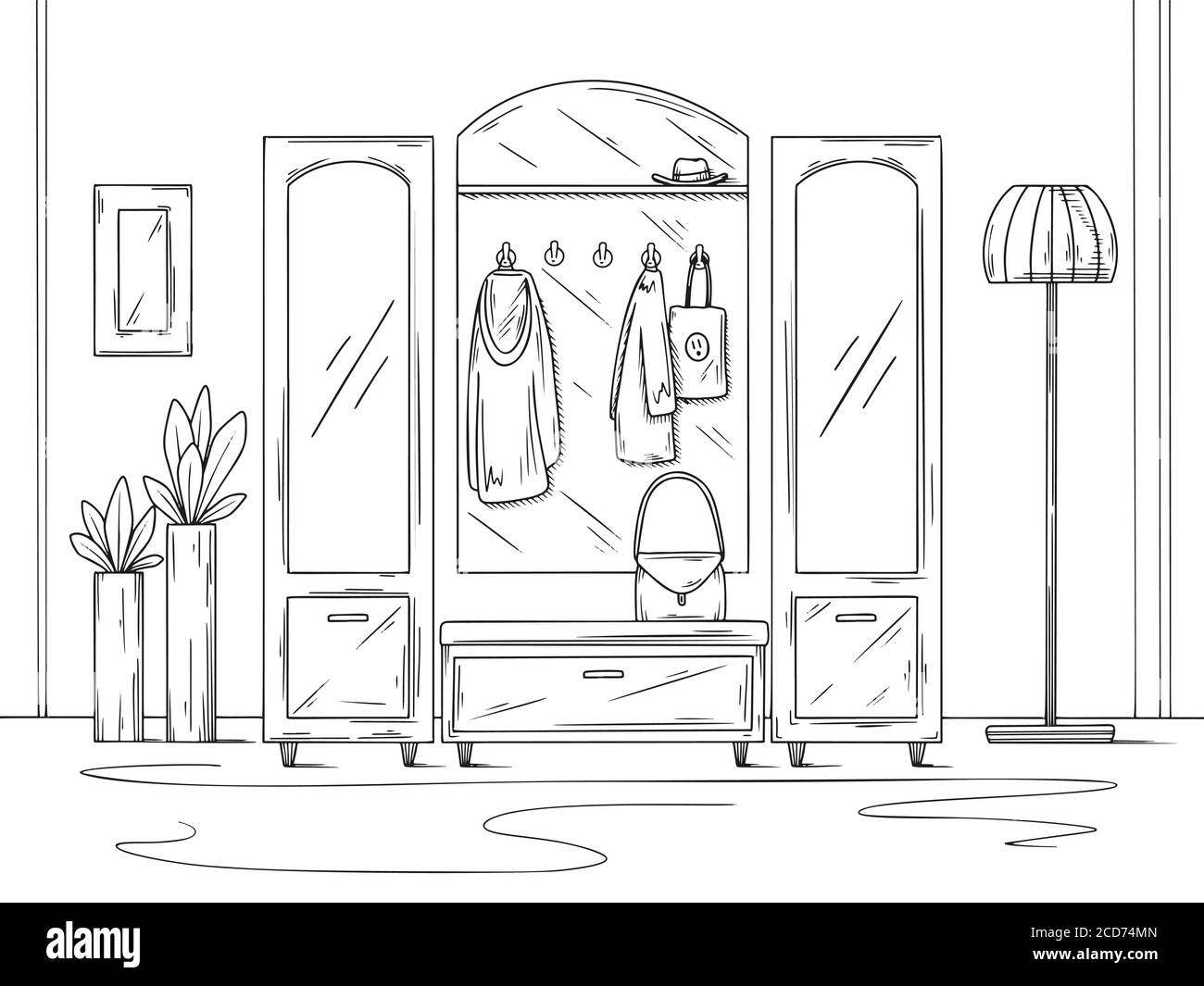 Esquisse intérieure. Meubles de couloir, différentes décorations et autres éléments. Illustration vectorielle dans le style d'esquisse. Illustration de Vecteur