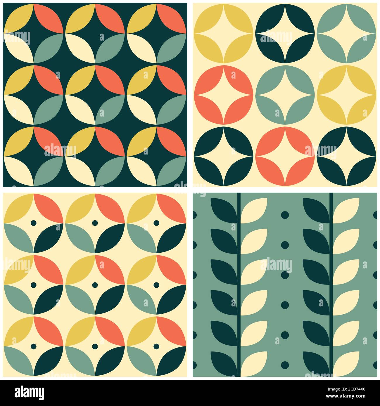 ensemble de quatre motifs vectoriels rétro sans couture des années 60 et 70, style vintage, carrelage moderne du milieu du siècle avec motif géométrique Illustration de Vecteur