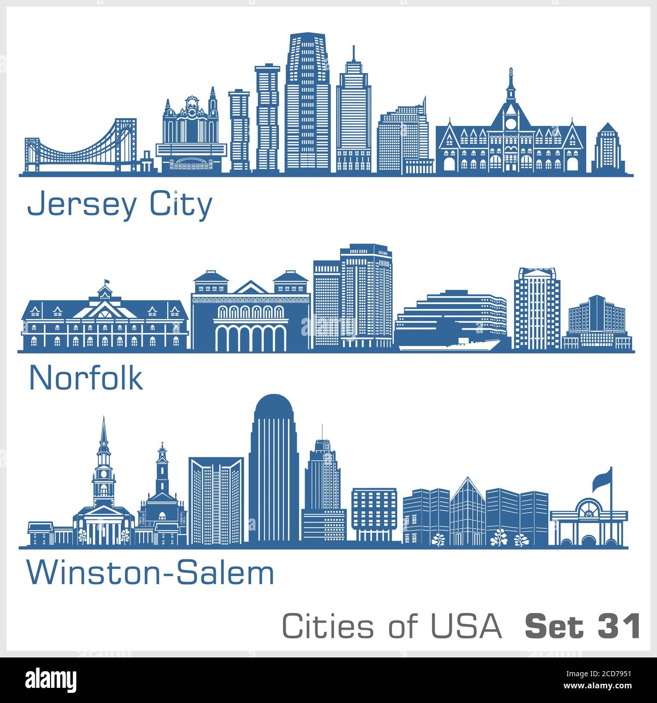 Villes des États-Unis - Jersey City, Norfolk, Winston-Salem. Architecture détaillée. Illustration vectorielle tendance. Illustration de Vecteur