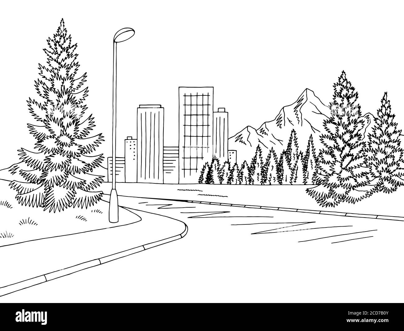 Street Road Graphic noir blanc ville paysage de montagne dessin illustration vecteur Illustration de Vecteur