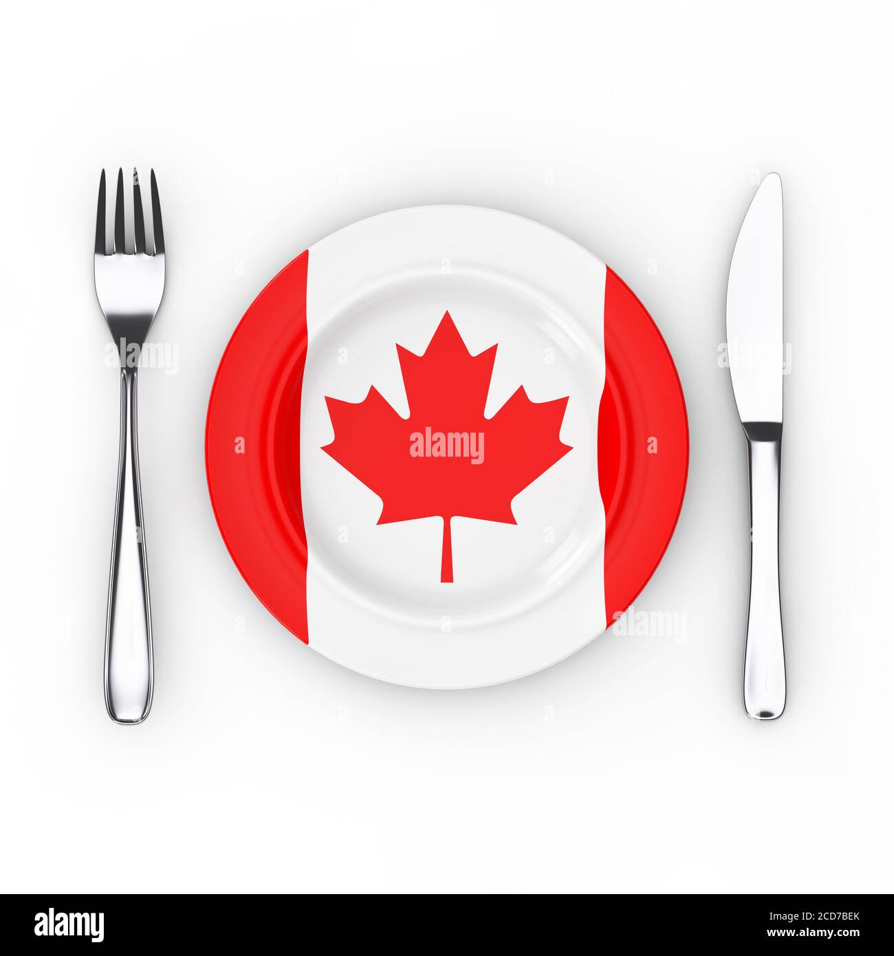 Concept canadien d'alimentation ou de cuisine. Fourchette, couteau et  assiette avec drapeau du Canada sur fond blanc. Rendu 3d Photo Stock - Alamy