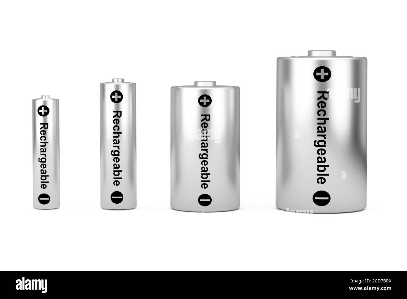 Jeu d'icônes de batterie alcalines avec différents formats AAA, AA, C, D et panneau rechargeable sur fond blanc. Rendu 3d Banque D'Images
