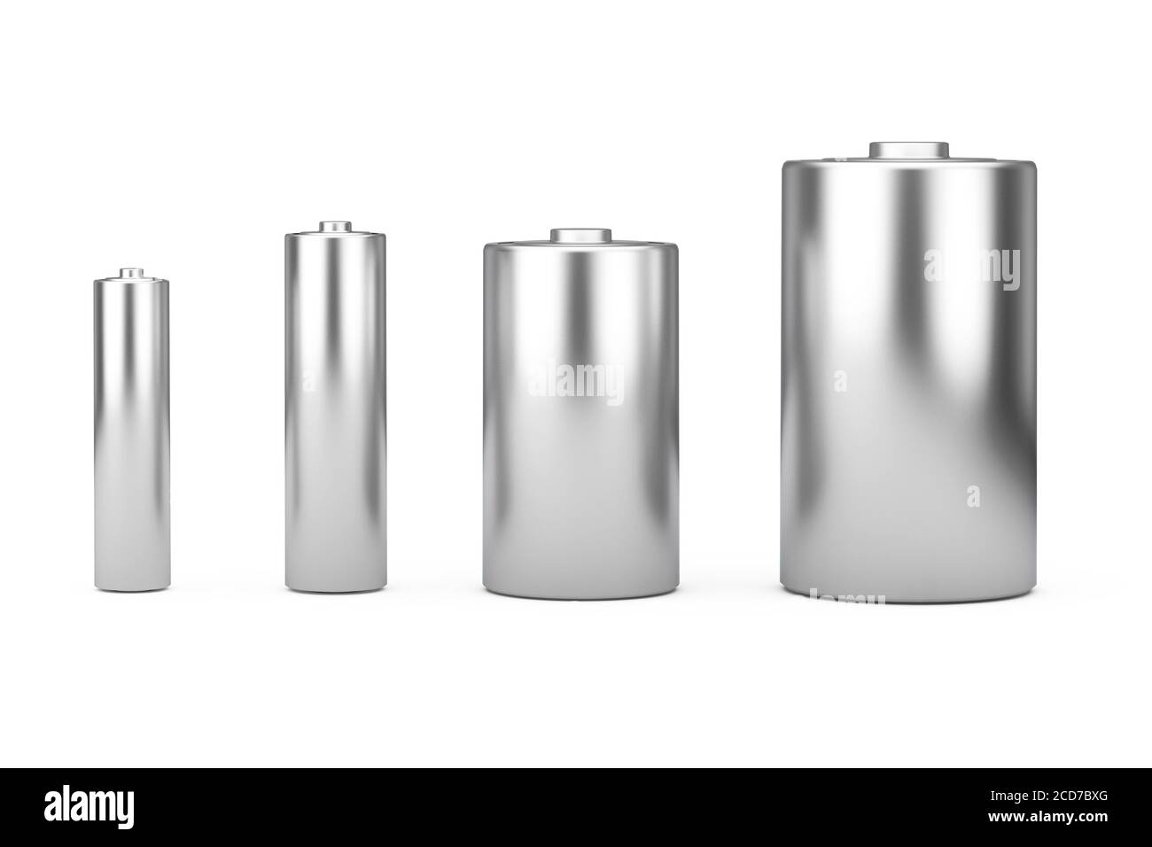 Jeu d'icônes de batterie alcalines avec différentes tailles AAA, AA, C, D et espace libre pour votre conception sur un fond blanc. Rendu 3d Banque D'Images