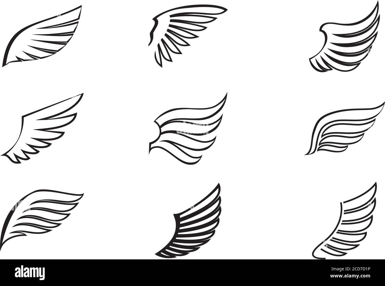 Ensemble d'ailes noires. Illustration vectorielle et contours d'icônes. Symbole de liberté. Fantasy éléments du logo. Illustration de Vecteur