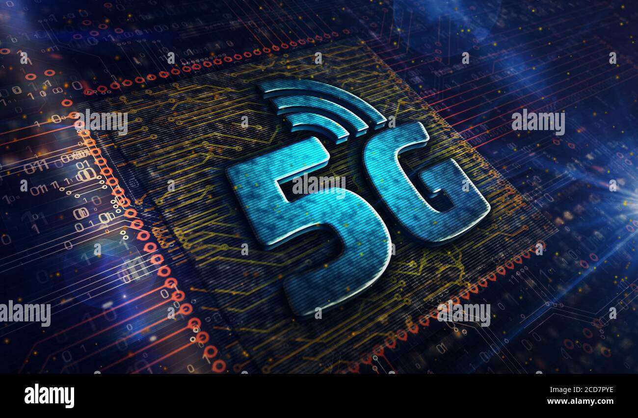 5G technologie de communication mobile et Internet des objets symboles métalliques. Illustration du rendu 3d du concept abstrait. Banque D'Images
