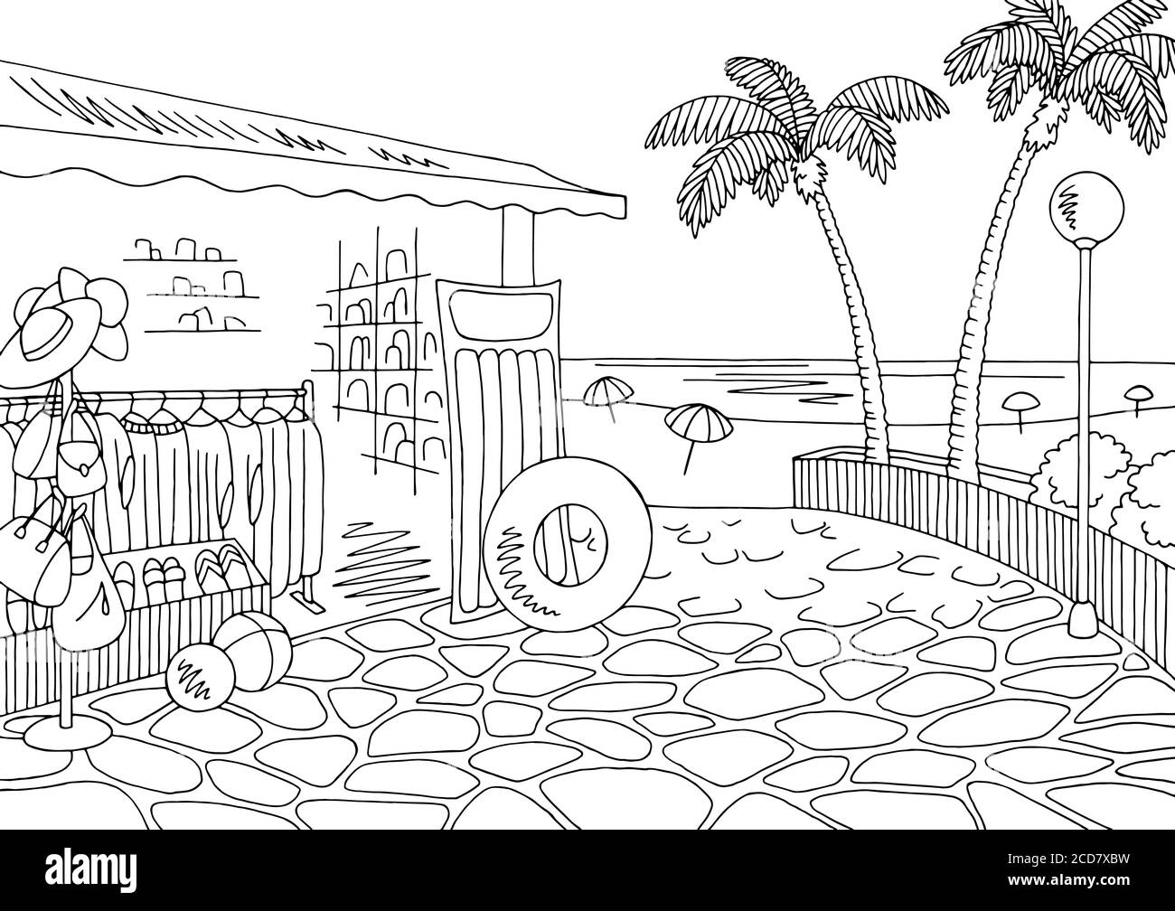 Beach shop graphique noir blanc ville paysage esquisse illustration vecteur Illustration de Vecteur