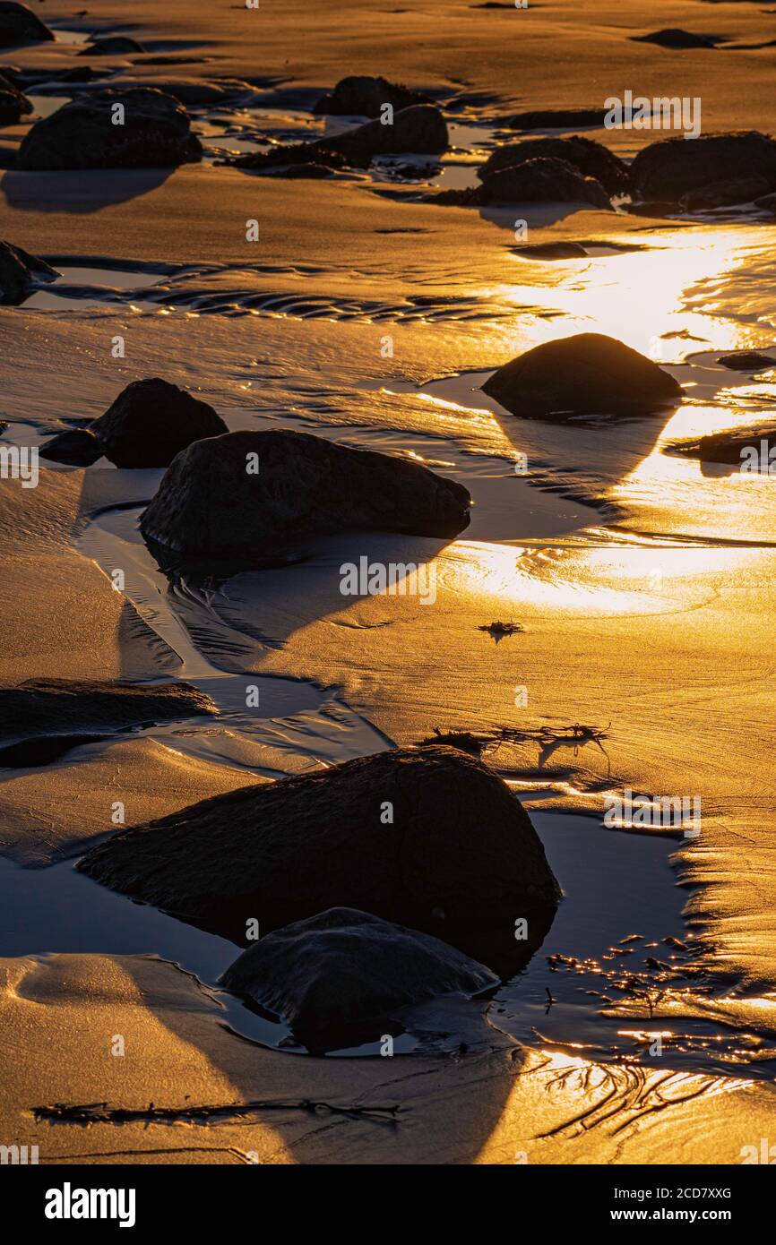 Les couleurs dorées brillent au coucher du soleil sur cette plage rocheuse Banque D'Images