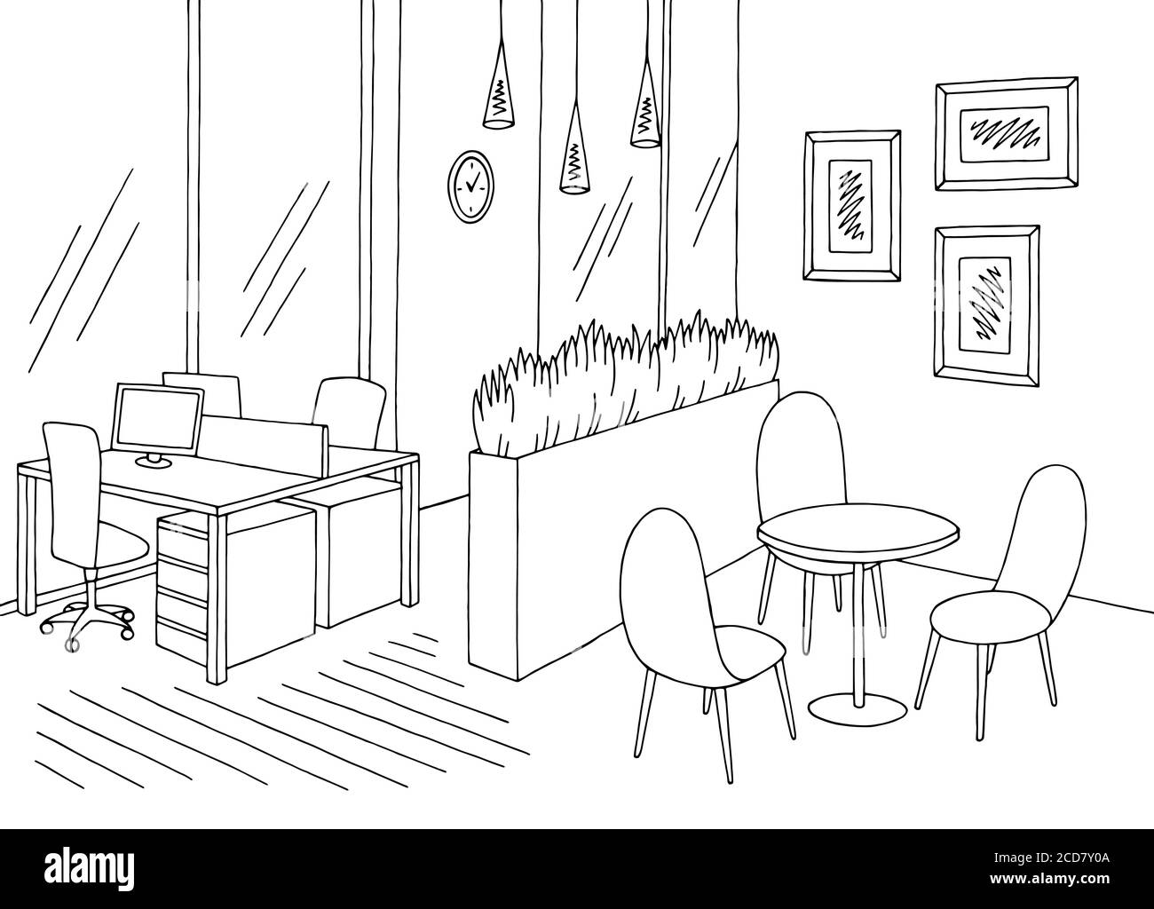 Illustration vectorielle de l'intérieur du dessin graphique de la salle de bureau noir blanc Illustration de Vecteur