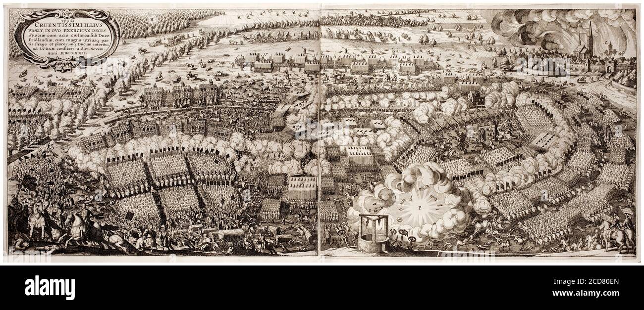 Carte de la bataille de Lützen, Saxe, Allemagne, (6 novembre 1632 (OS)) dans la guerre de trente ans, carte de Mattäus Merian l'ancien, 1642 Banque D'Images
