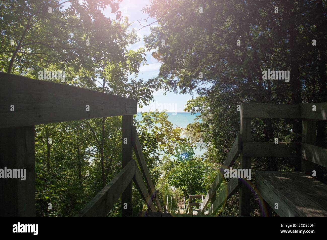 A travers les arbres, vue sur le lac Huron, depuis le haut des mains courantes en bois. Banque D'Images