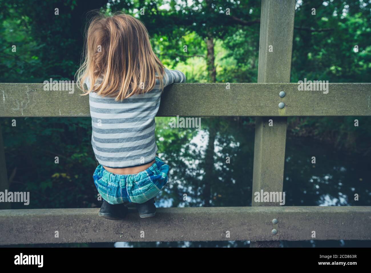 Un petit Preschooler est suspendu d'un pont dans le bois Banque D'Images