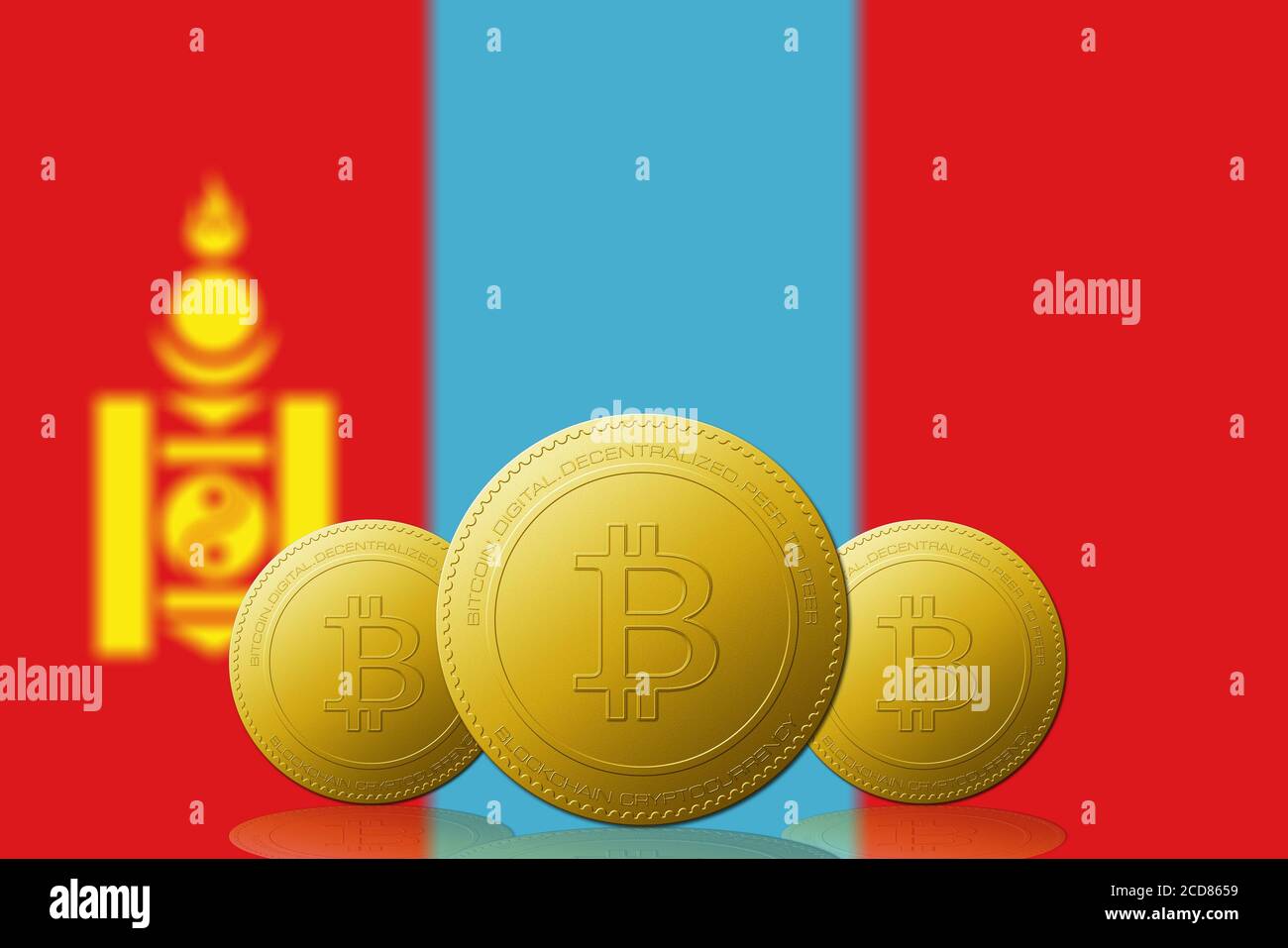 Crypto-monnaie de trois bitcoins avec drapeau de la Mongolie sur fond. Banque D'Images