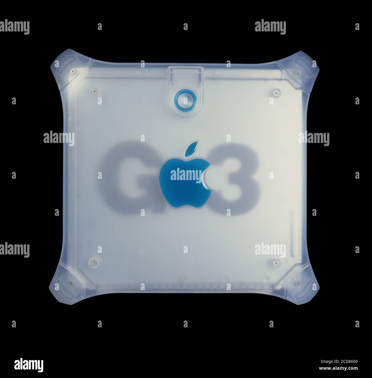 Processeur de l'ordinateur Apple G3. Boîtier en plastique bleu translucide d'un ordinateur Apple Macintosh Power Mac G3. Avec poignées de transport. Banque D'Images