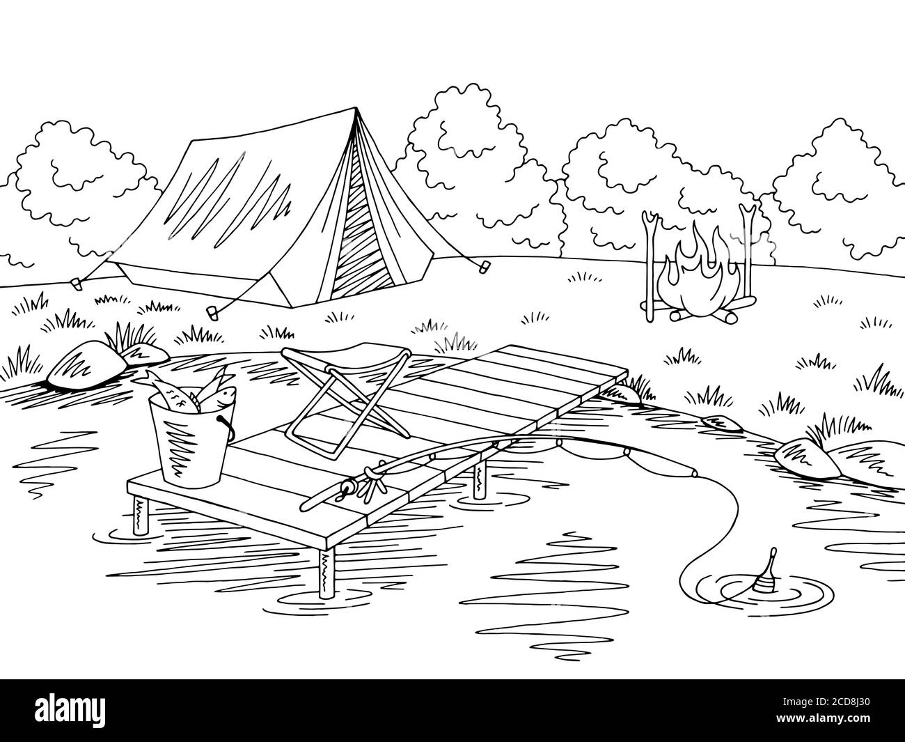 Pêche camping graphique noir blanc paysage dessin illustration vecteur Illustration de Vecteur