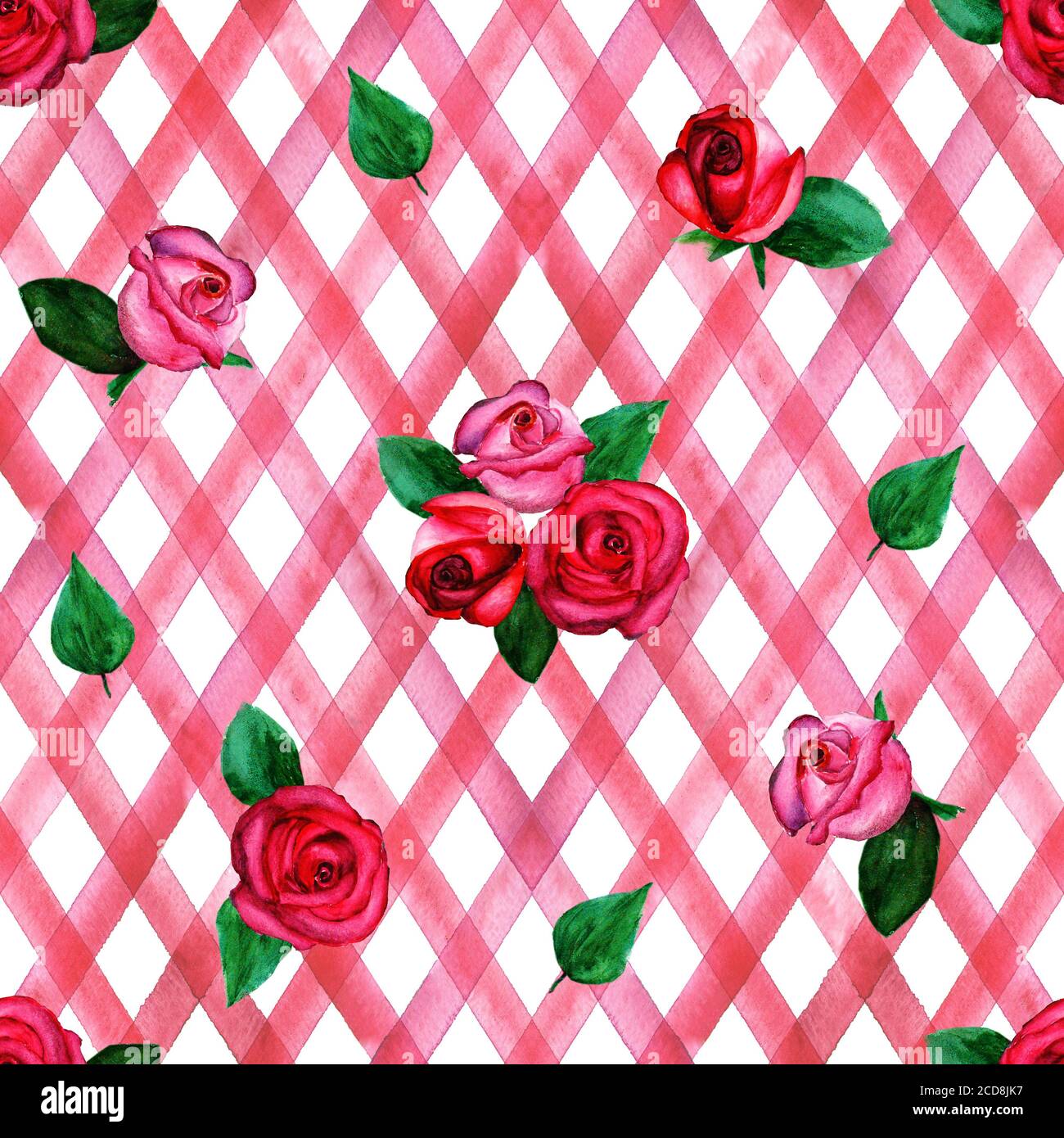 Arrière-plan avec aquarelle rose roses rouges sur des rayures rouges motif écossais sans couture. Aquarelle peinte à la main rayures de couleur ancienne texture grunge. Imprimer pour textil Banque D'Images