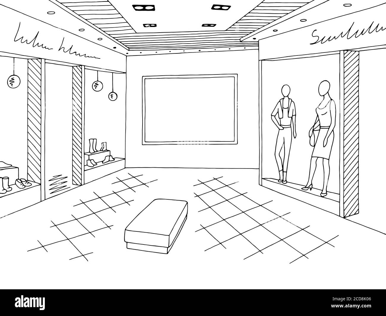 Illustration vectorielle d'un dessin d'intérieur noir blanc graphique de centre commercial Illustration de Vecteur