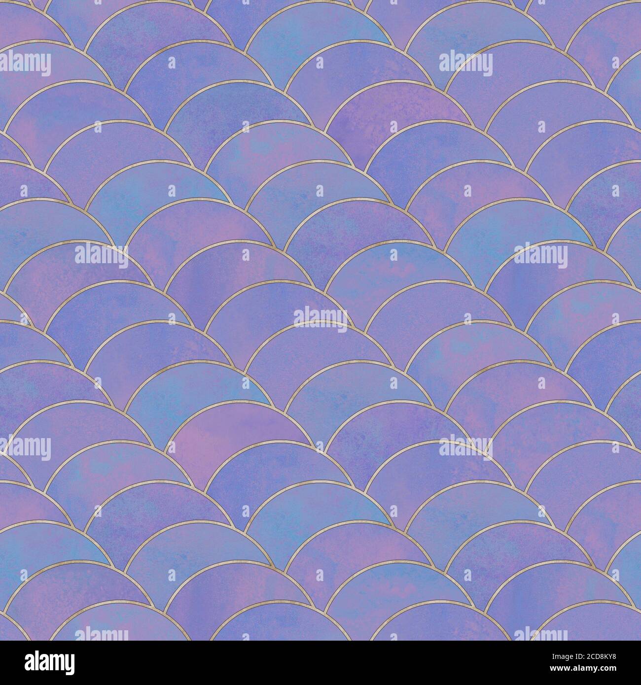 Motif japonais sans couture à l'échelle des poissons de sirène abstrait. Aquarelle fond violet coloré dessiné à la main avec contour doré. Echelle d'aquarelle sha Banque D'Images