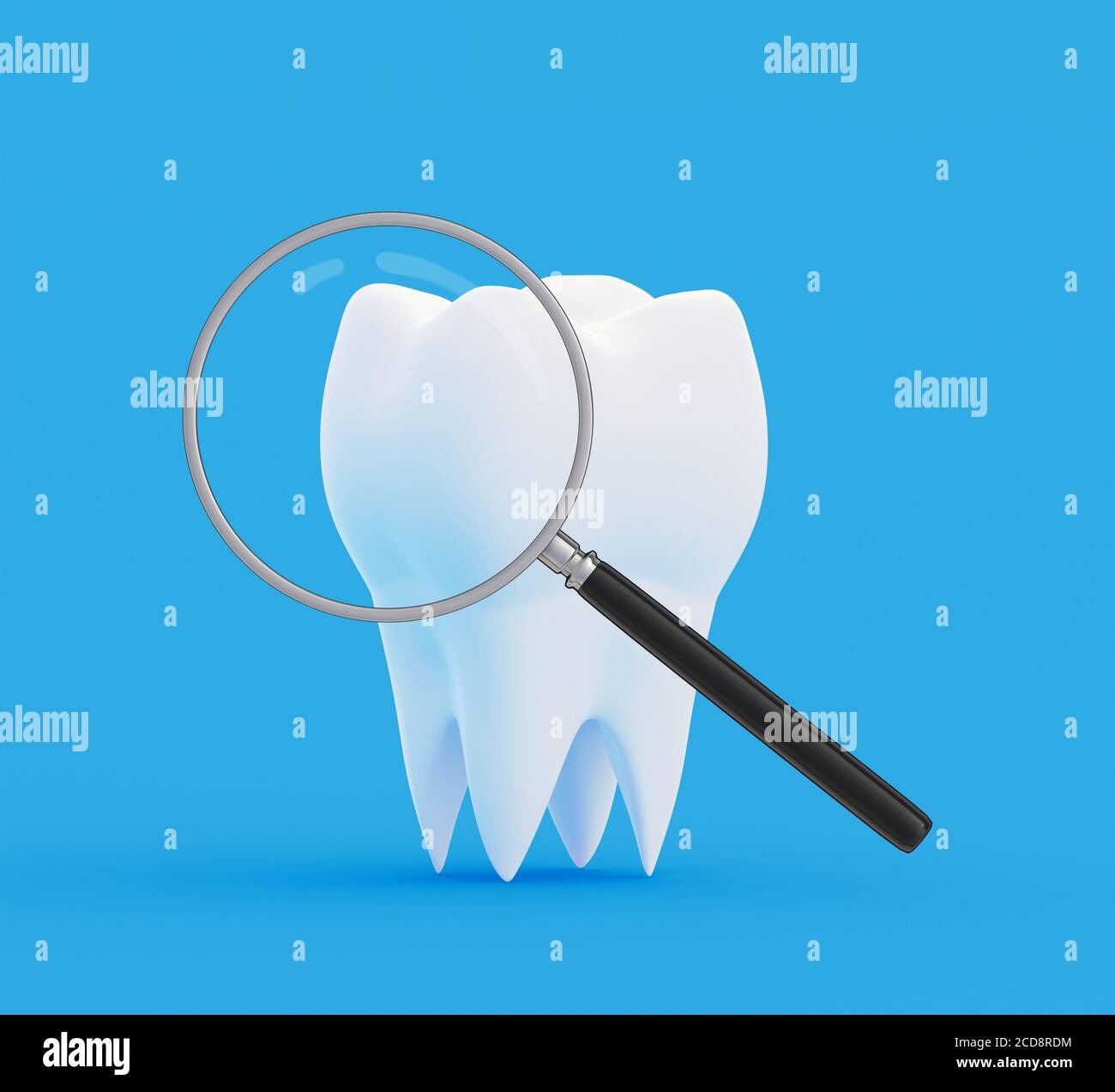Dent sous une loupe sur fond bleu. Recherche et diagnostic de maladies des dents concept. illustration 3d Banque D'Images